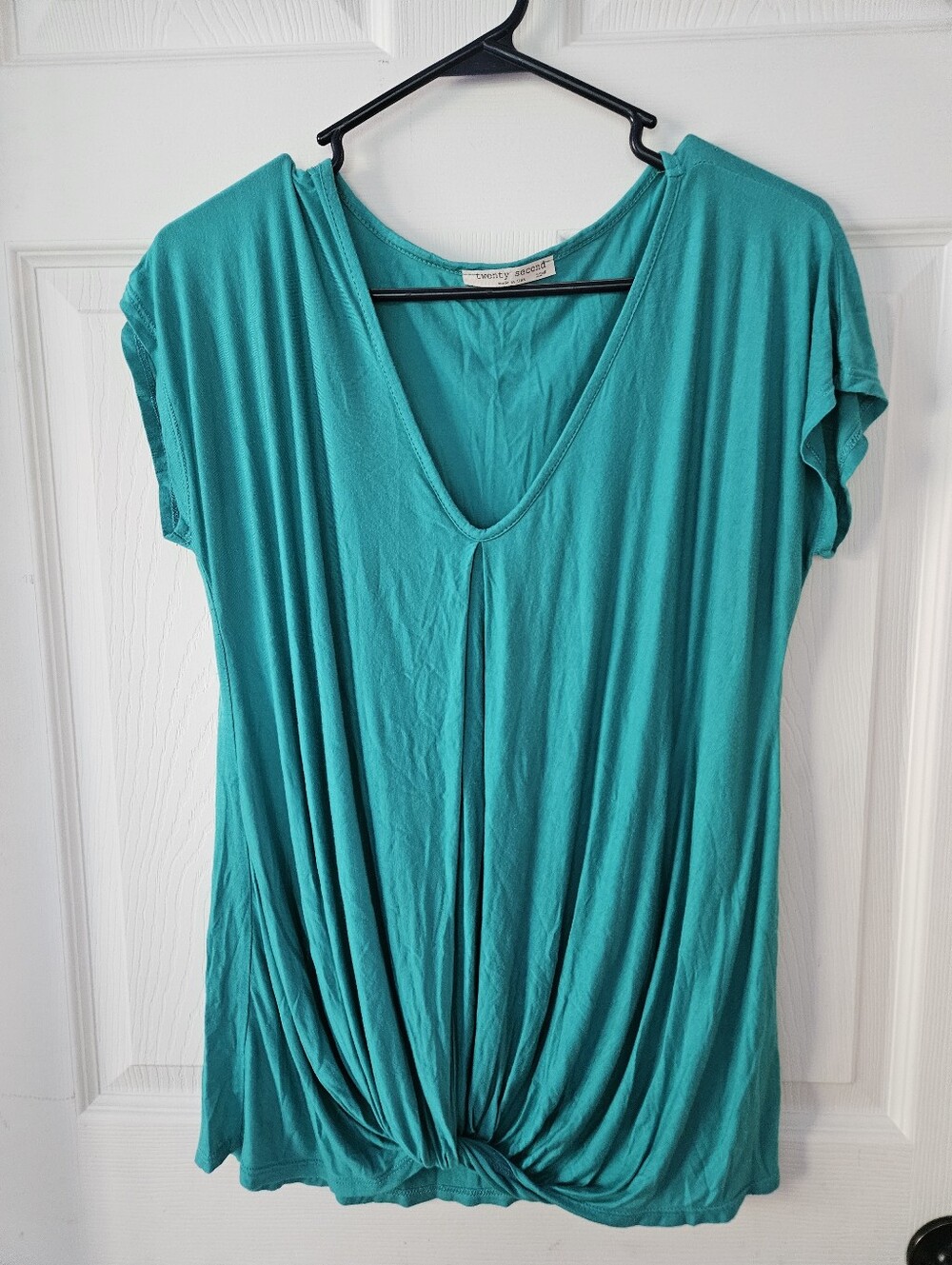 Teal Twist-Front V-Neck Short Sleeve Top